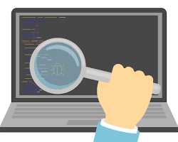 Image of person holding a magnifying glass looking at a computer screen with code