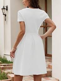 METOES Women's Summer Short Sleeve Short Dress Round Neck Party Dresses White at Amazon Women's Clothing store