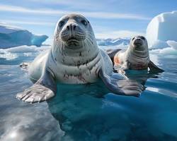 Image of Seals lounging on ice floes in Antarctica