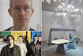 Portrait of artist Martin Boyce (2011) (top left), the band Happy Mondays who feature on his Muse Music playlist (bottom left) and an installation view of ... - acovermartinboycemusemusic