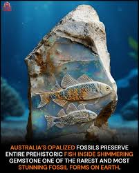 A breathtaking discovery from Australia showcases one of the world's rarest forms of fossilization: opalized fossils, where ancient fish are preserved within radiant gemstone. Found in regions like Lightning Ridge and Coober