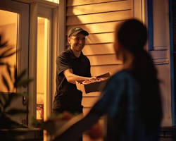 delivery person handing over a cake box at a doorstepの画像