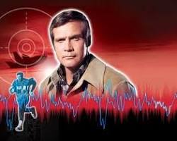Six Million Dollar Man 1974 TV series Lee Majors as Steve Austin bionic eye bionic arm running in slow motion ABC television stills 1970s scifi, AI generated