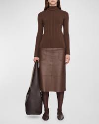 Joseph Mock-Neck Silk Stretch Plisse Sweater, Arabica, Women's, M, Sweaters Turtleneck & Mock Neck Sweaters