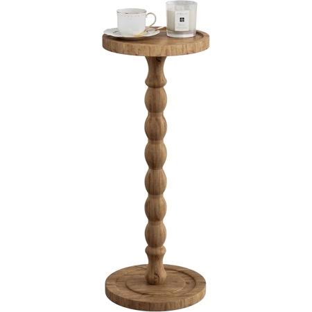 Finew Solid Wood Drink Table, Rubber Wood Small Round Side Table for Small Spaces, Martini Tables, Pedestal End Tables for Living Room, Bedroom,