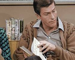 Dick Van Dyke Show 1961 TV series Dick Van Dyke as Rob Petrie Mary Tyler Moore as Laura Petrie Morey Amsterdam Rose Marie black and white television stills CBS show office and home sets, AI generated