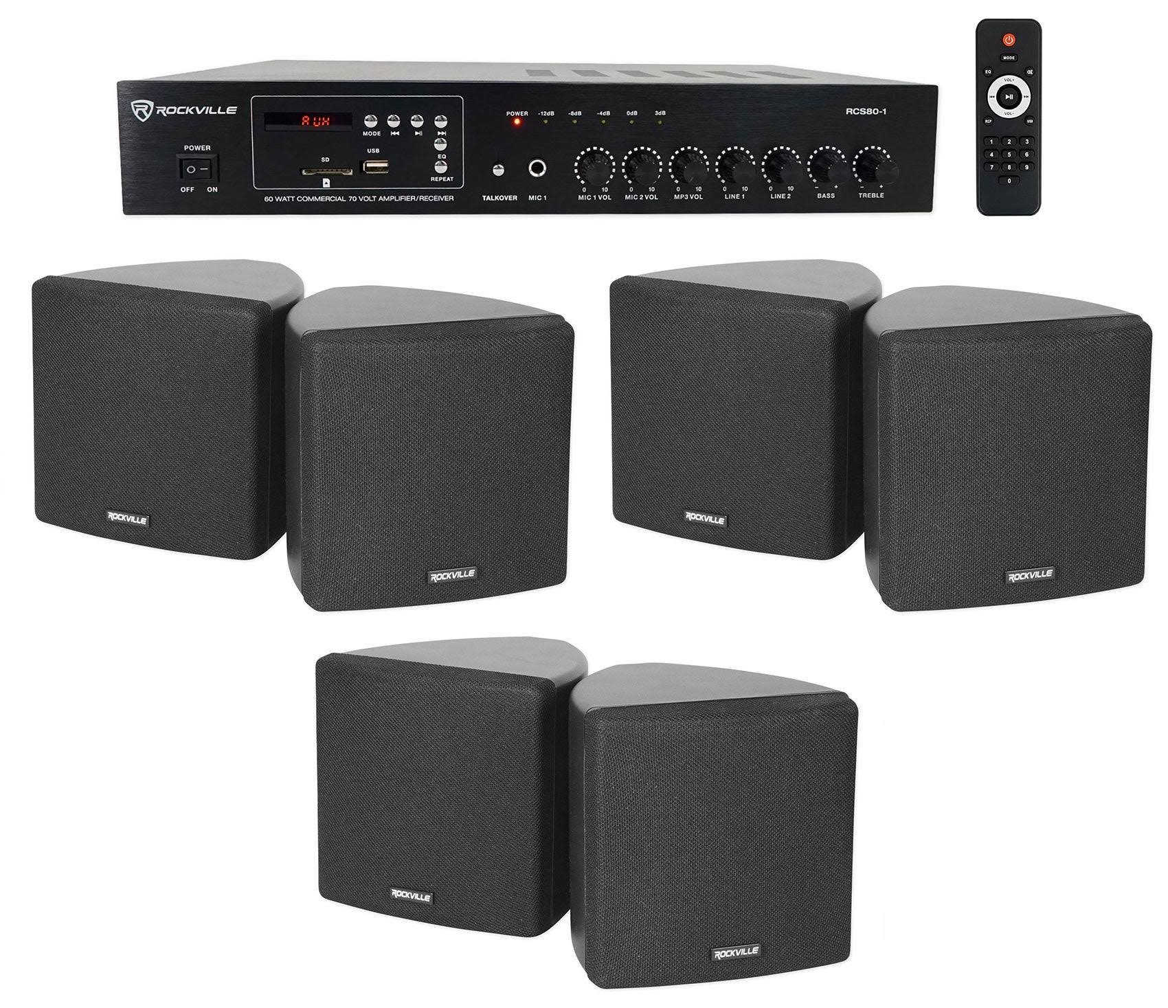Rockville Commercial Restaurant Bluetooth Amplifier+ 3.5" Black Cube Speakers