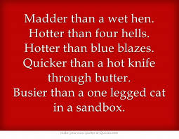 Madder than a wet hen. Hotter than four hells. Hotter than blue ... via Relatably.com