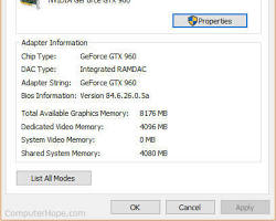 Properties button for a graphics adapter