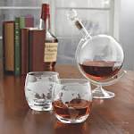 Etched globe whiskey decanter glass set