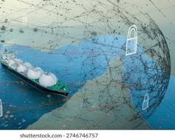 cargo ship navigating narrow strait mountains twilight energy security, AI generated