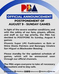 The PBA announced the postponement of tonight's Governors' Cup double header at the Ninoy Aquino Stadium due to inclement weather. (Photo/PBA) | via Olmin Leyba