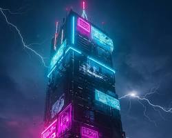 futuristic ABC logo 2076 neon cyberpunk television network headquarters 50 years in future architecture, AI generated