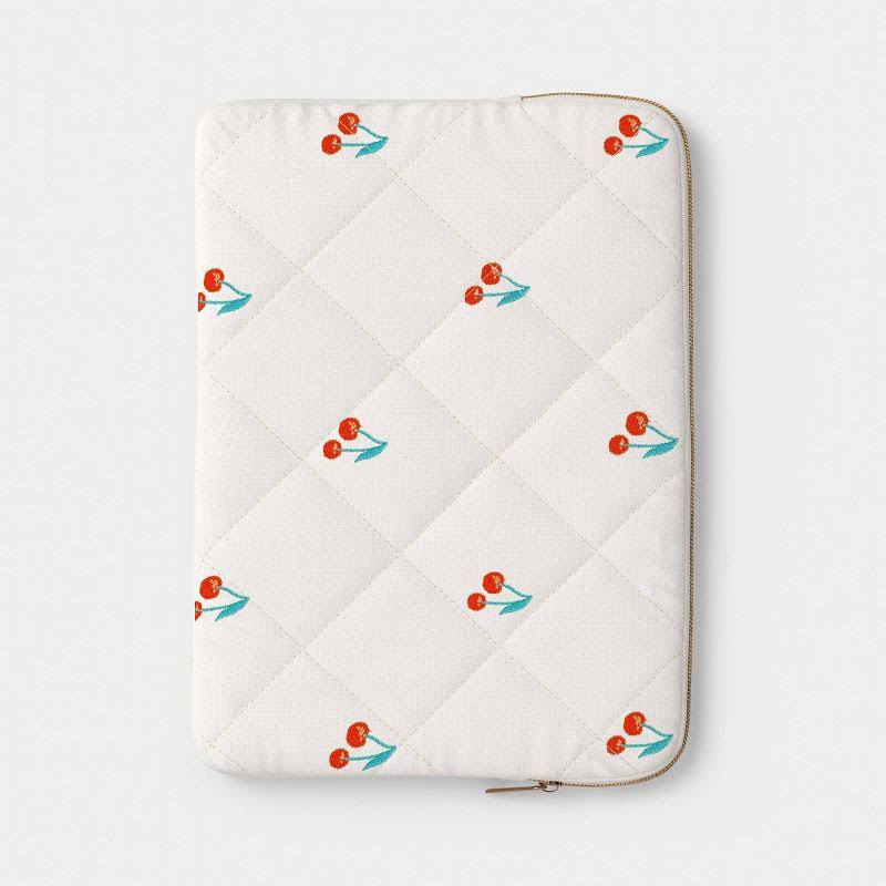15" Laptop Sleeve heyday White Quilted with Embroidered Cherries