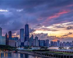 Image of Chicago skyline with a tax form floating in the foreground