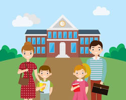 Image of happy family standing in front of a school