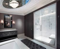 Image result for Inspiration for a modern bathroom in London with a walk-in shower, grey tiles, grey walls and a trough sink.