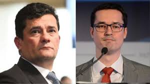Sérgio Moro e Deltan Dallagnol, figuras políticas brasileiras, em um retrato dividido.