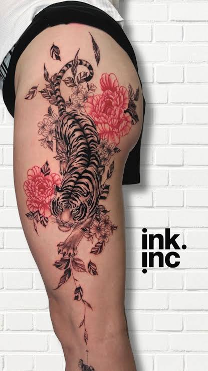 Thigh tattoo – black & grey tiger with red peonies Detailed realism ...