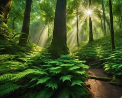 Image of rainforest with tall trees, lush vegetation, and sunlight filtering through the leaves