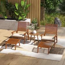 Teak Acacia Wood Outdoor Dining Chairs with Footstools, Slatted Seat and Backrest, Armrests Cream White Cushion