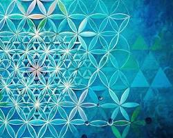Krystleyez Krystle Marie Smith visionary art Flower of Life sacred geometry painting cosmic blueprints, AI generated
