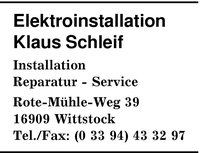 Firma Elektroinstallation Klaus Schleif in Wittstock - Branche(n ...