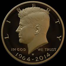U.S. Mint mockup image of a 24-karat gold Kennedy half-dollar with the dates of 1964-2014 - Mockup-Image-of-2014-24K-Gold-Kennedy-Half-Dollar-with-date-of-1964-2014
