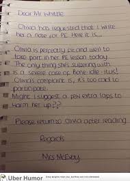 Kid wants a note to get out of physical education because it&#39;s ... via Relatably.com