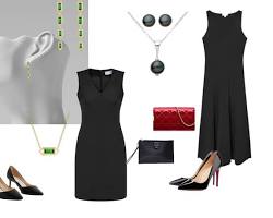 Image of Formal outfit with little black dress, heels, and statement jewelry