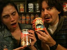 Pescatarians Mitsu Salmon and Michael Lambe reel back in horror at the content of these cans. This photo by Sean Roe. - Kujira-Curry