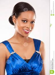 Black woman in evening gown - black-woman-evening-gown-beautiful-wearing-blue-dress-light-background-32219033