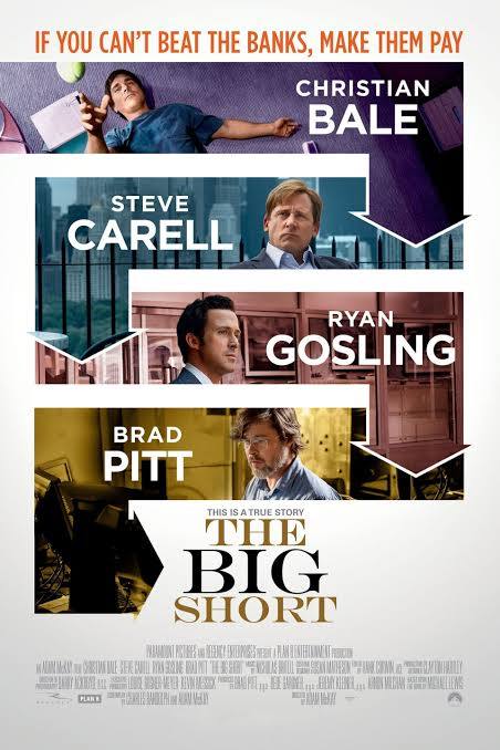 Poster for "The Big Short" (2015). Stars Bale, Carell, Gosling, and Pitt are depicted looking pensive. Above them is the tagline "If you can't beat the banks, make them pay". At the head of title are the words "This is a true story".