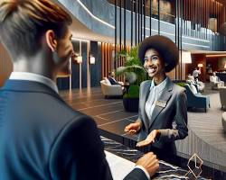 Gambar guest checking in at a hotel reception