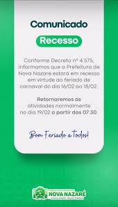 Prefeitura de Nova Nazaré decreta recesso durante o Carnaval