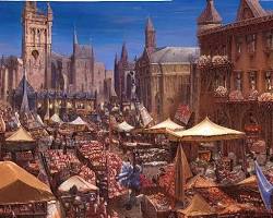 Image of bustling medieval marketplace