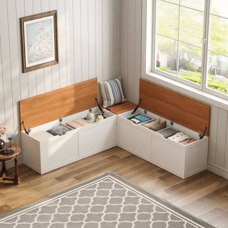 Idek L Shaped Breakfast Nook Bench with Storage,Space-Saving Corner Bench for Kitchen, Living Room, White and Oka, Brown