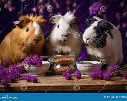 three guinea pigs eating togetherの画像