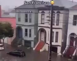 Image of people surfing on flooded streets  humorous