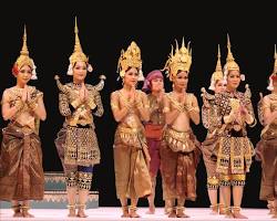 Dancers of the Royal Ballet of Cambodia in ornate costumes.
