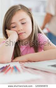 Girl sitting while looking bored with paper and colouring pencils in kitchen ... - stock-photo-girl-sitting-while-looking-bored-with-paper-and-colouring-pencils-in-kitchen-120095872