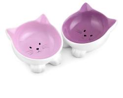 ceramic catshaped food bowl with a name on itの画像