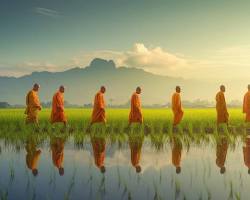 Image of Monks helping villagers in the rice fields