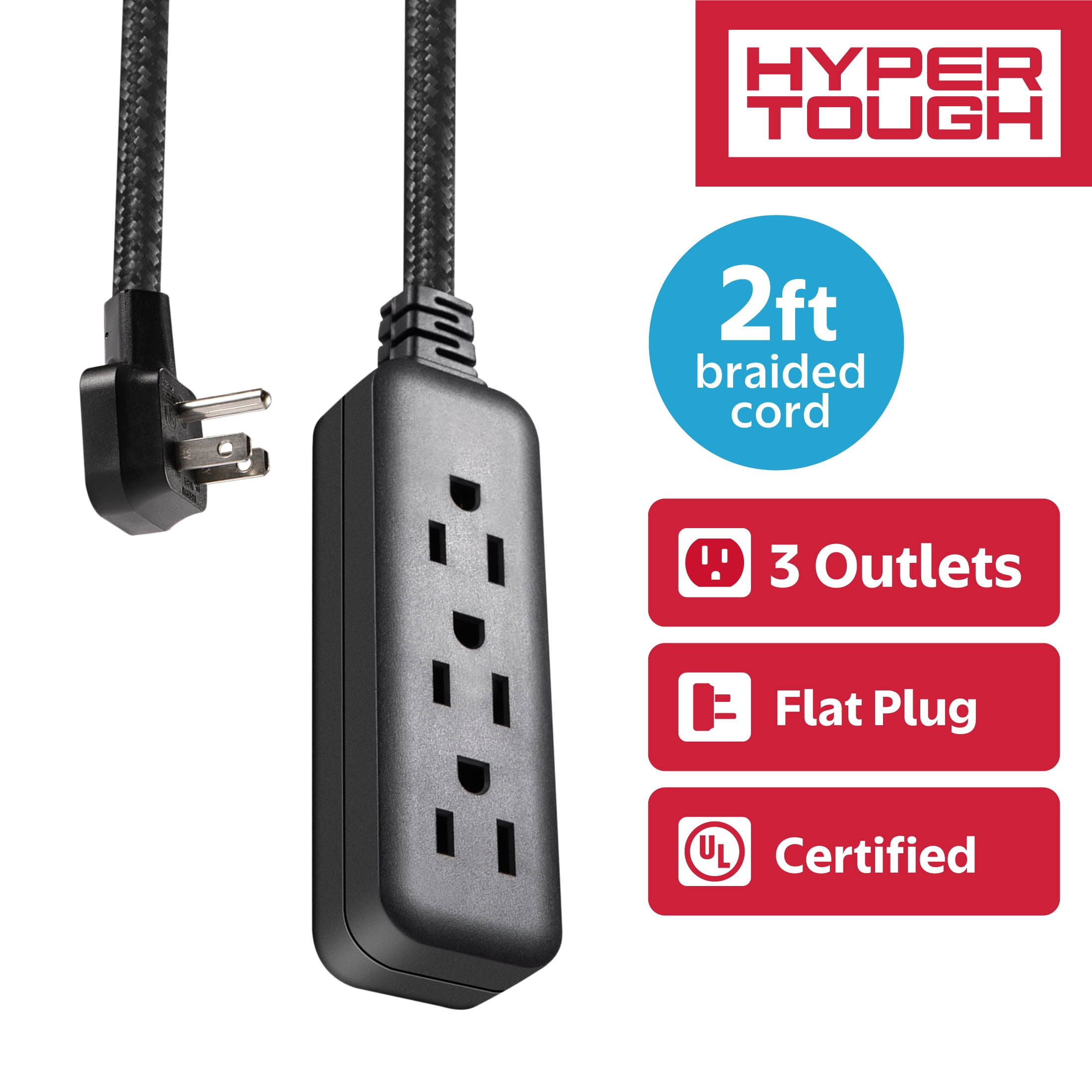 Hyper Tough Flat Plug Extension Cord 2 ft Braided Cord