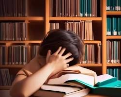 Image of student sleeping in a library, surrounded by books