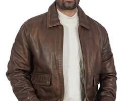 Men's brown leather bomber jacket