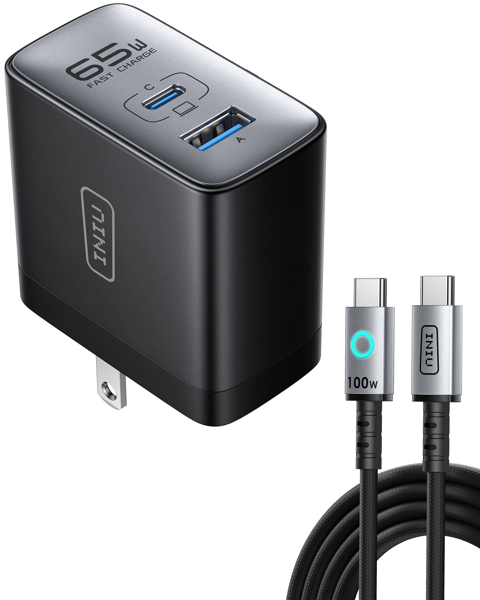 INIU 65W Fast GaN Charger with USB-A/C Ports & 100W USB C to C 3.3ft Cable for iPhone 17 16 15 Laptops Tablets