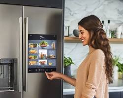 Image of kitchen with a smart refrigerator and a virtual kitchen assistant