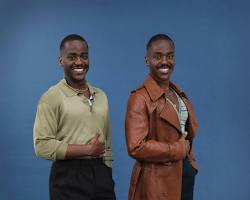 Image of Ncuti Gatwa next to his Doctor Who Madame Tussauds figure