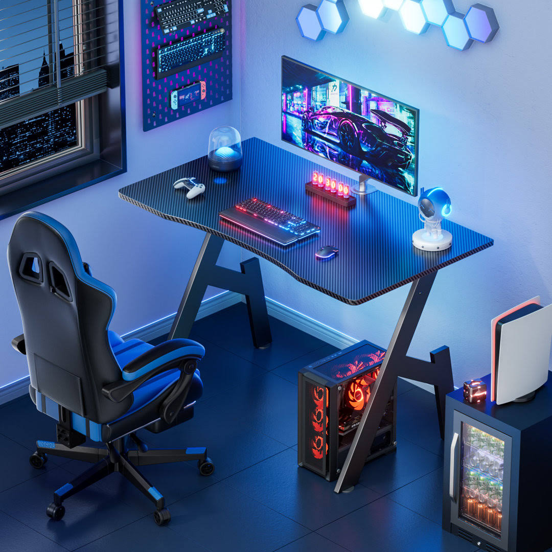 Armas Gaming Desk with Carbon Fibre Surface- A Shaped Gamer Desk Computer Workstation Home Office Ergonomic PC Desk Simple Gaming Table Home Office